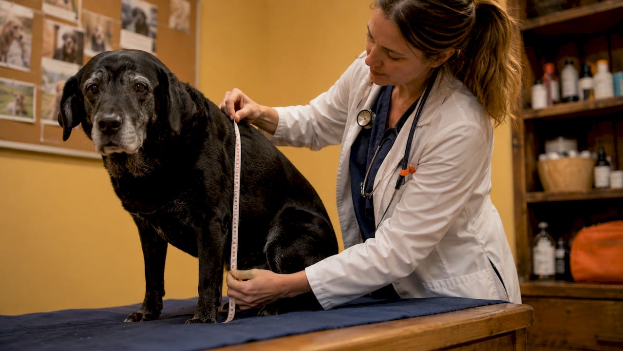 Veterinary professional measuring dog's shoulder height