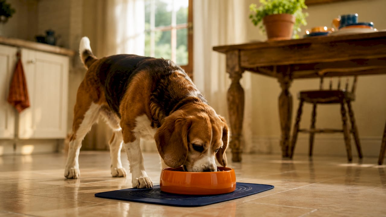 Beagle bending neck to eat from floor bowl