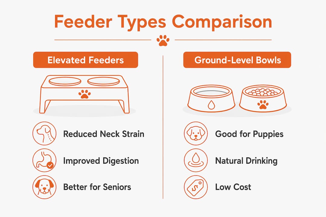 Infographic comparing elevated and ground-level dog feeders