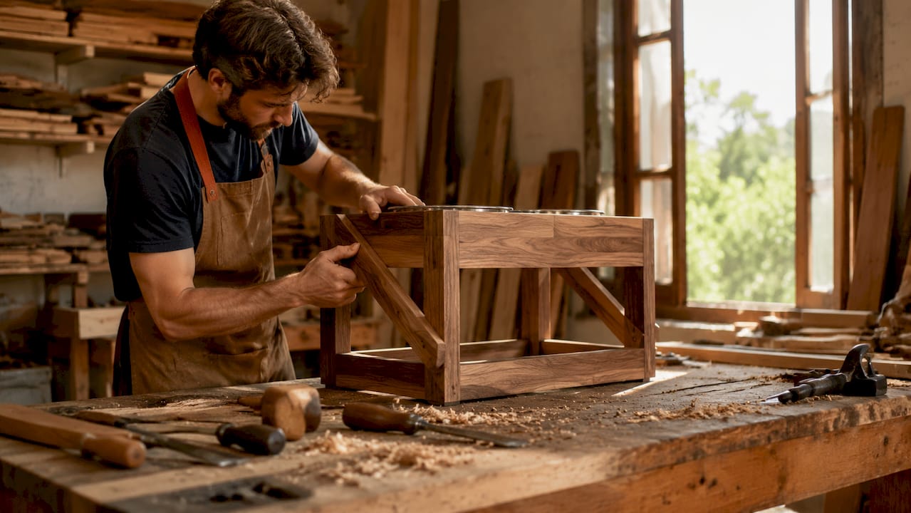 Craftsman installing diagonal brace on wooden feeder frame