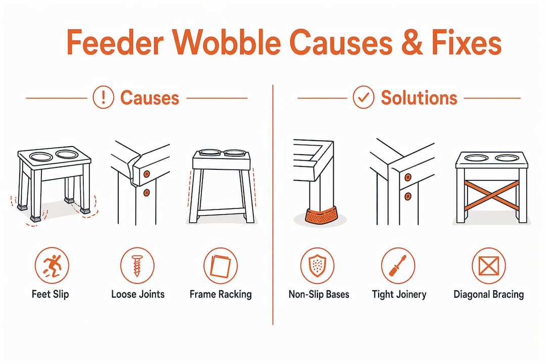 Infographic comparing causes and solutions for feeder wobble