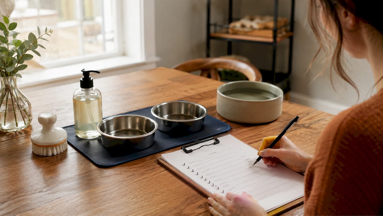 Feeder maintenance checklist with cleaning tools on table