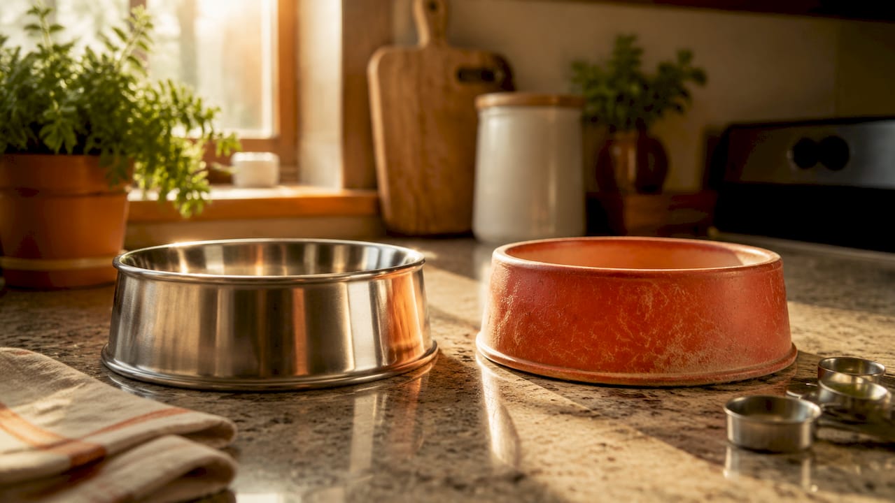 Close-up overhead of stainless steel and plastic dog bowls side by side