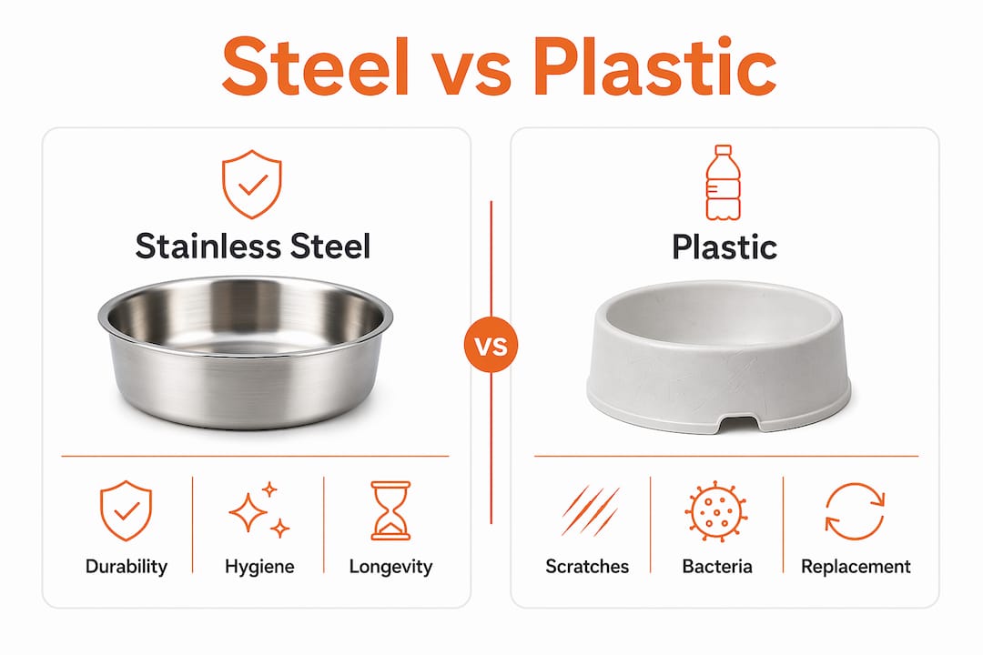 Infographic comparing stainless steel and plastic dog bowls