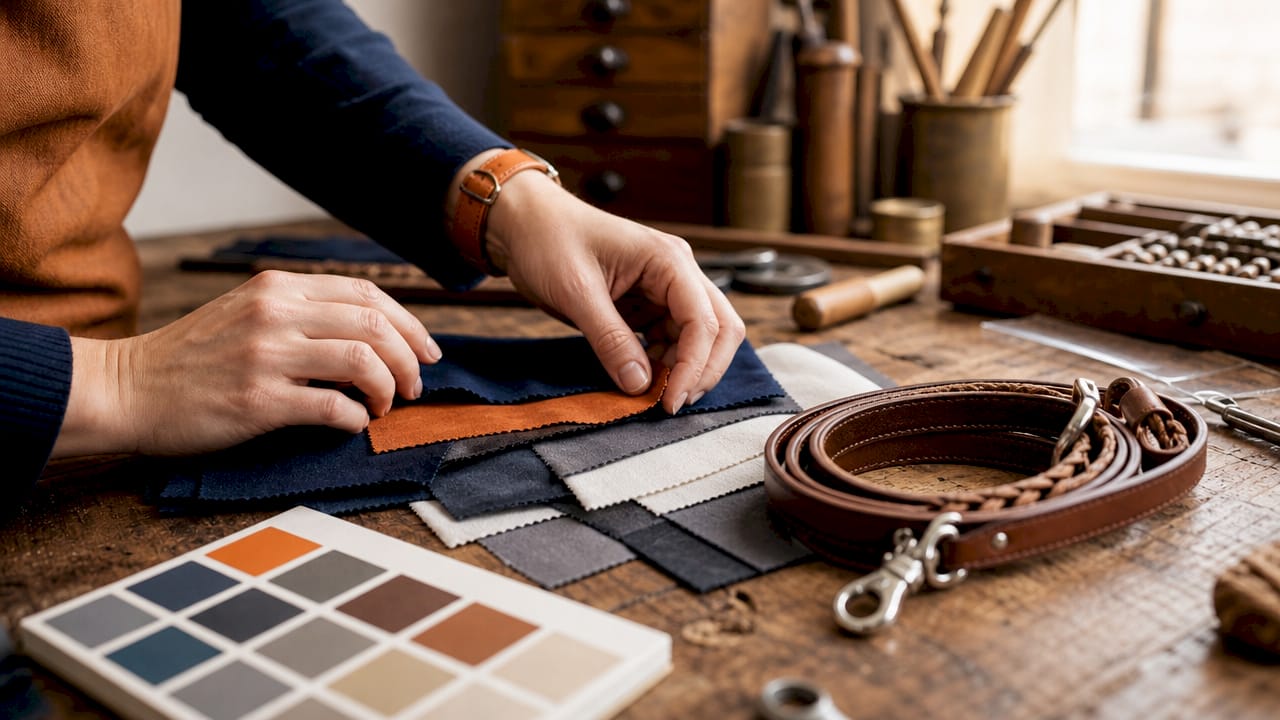 Hands choosing fabrics for custom pet leash