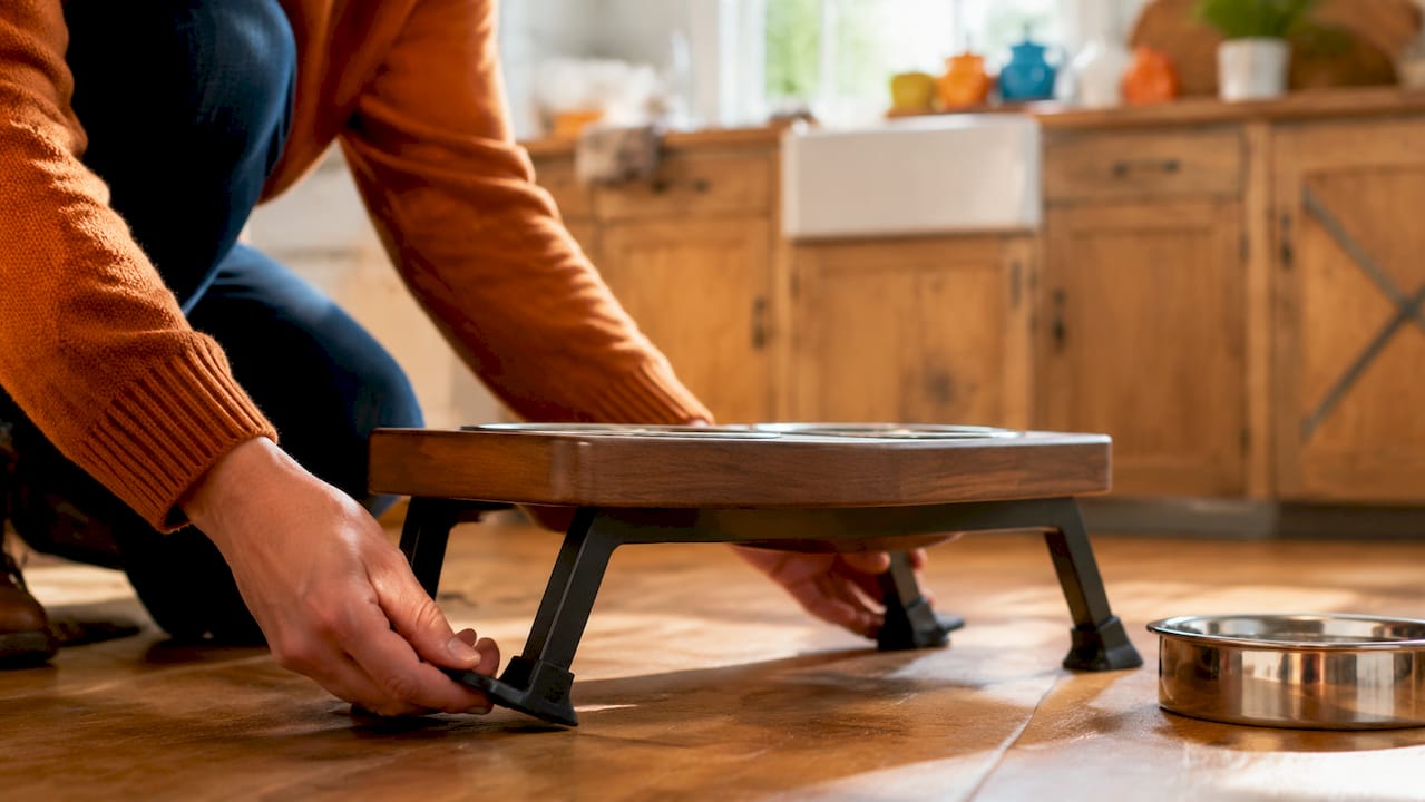 Hands pressing dog feeder with rubber feet on tile floor