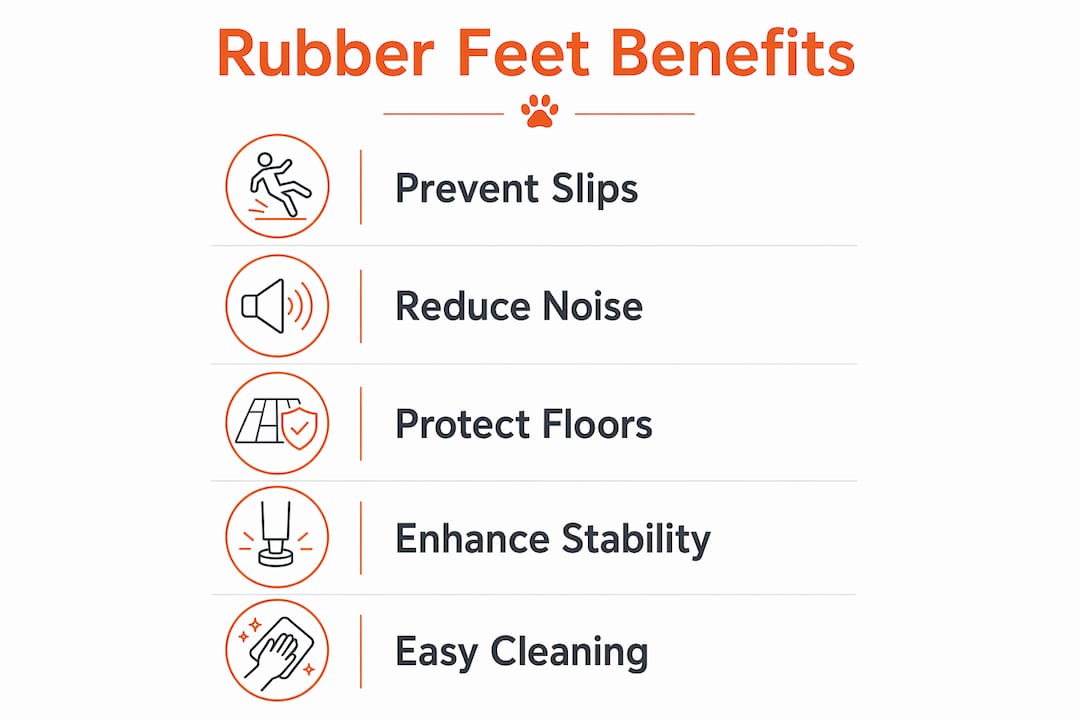 Infographic illustrating benefits of rubber feet on pet feeders