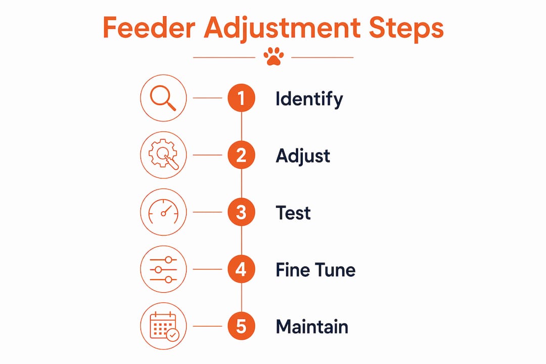 Infographic illustrating five-step feeder adjustment process