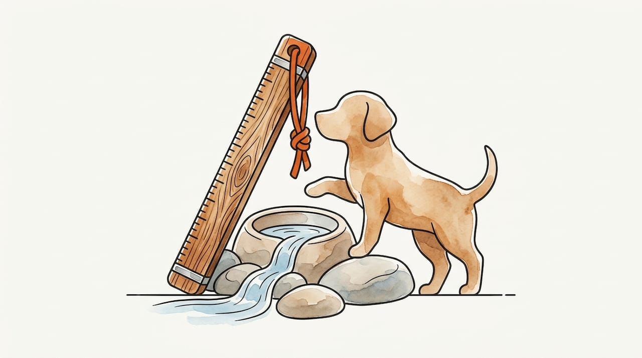 Wooden measuring stick and puppy to measure bowl height