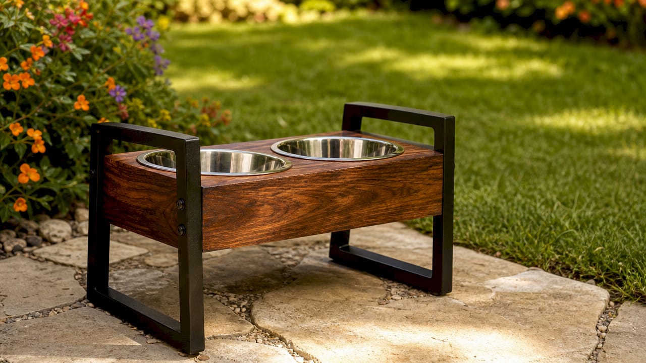 Handcrafted wood and metal dog feeder
