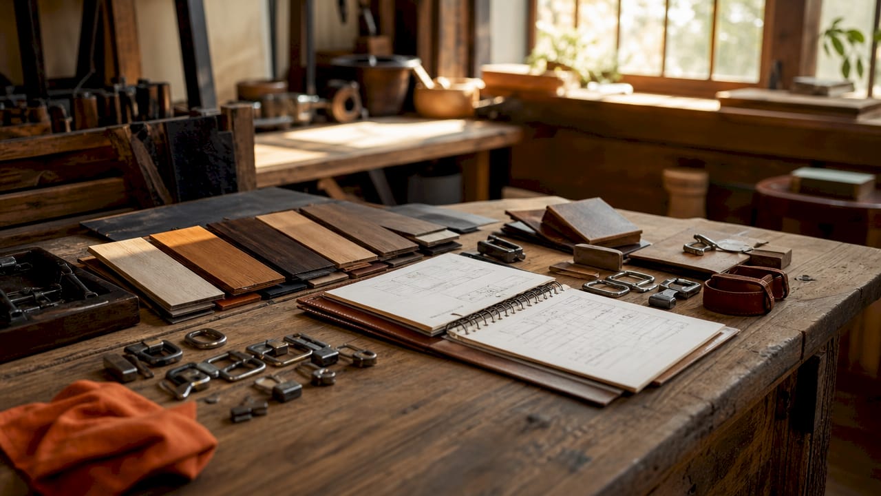 Close-up of artisan's workbench with custom finish samples