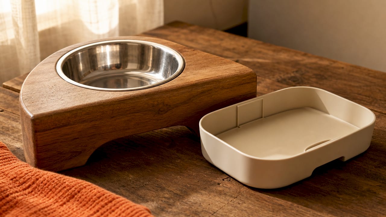 Close-up of wood and stainless steel dog feeder details