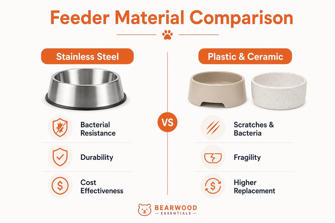 Infographic comparing pet feeder materials benefits