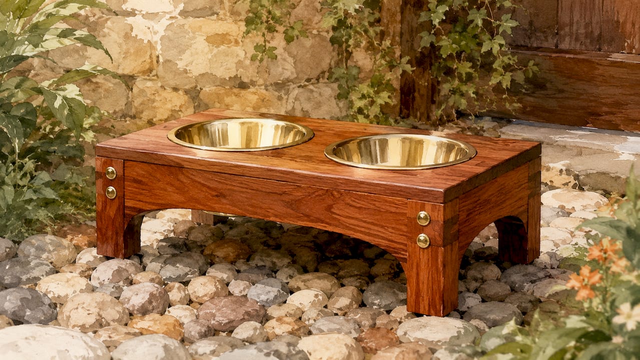 Wooden pet feeder with natural grain and silver bowls