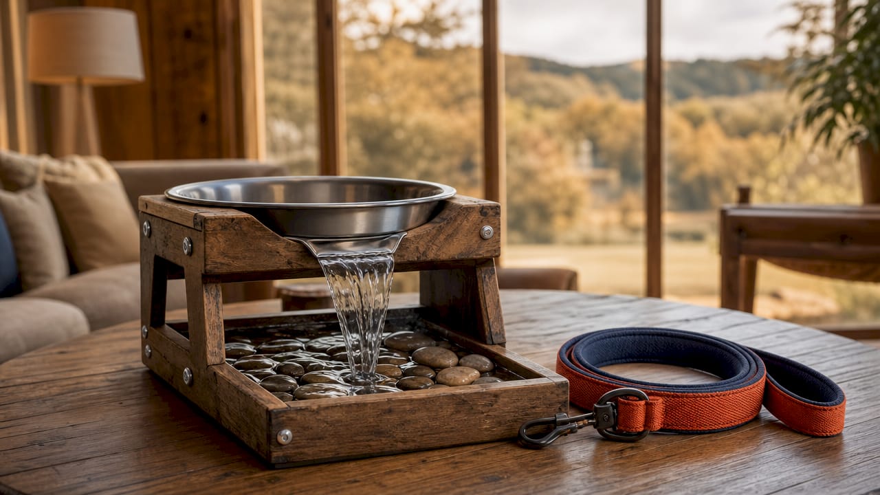 Handcrafted pet feeder and leash with flowing stream elements