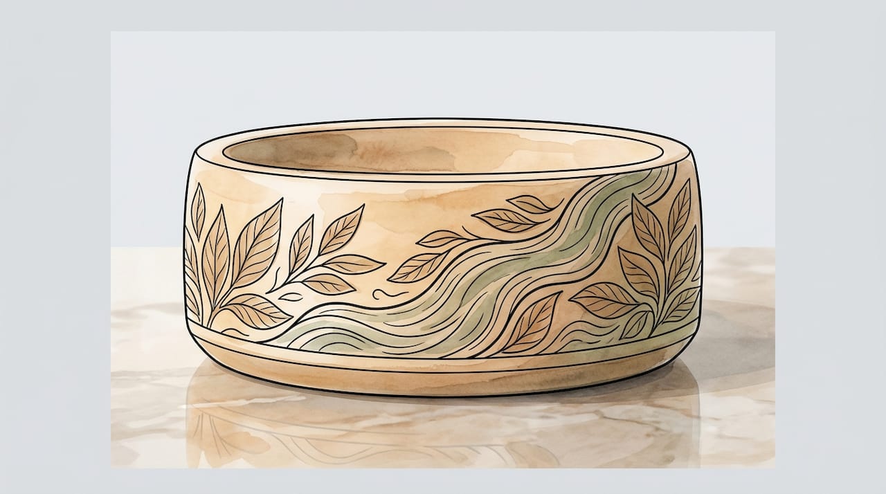 Close-up of engraved wooden dog bowl with rustic finish