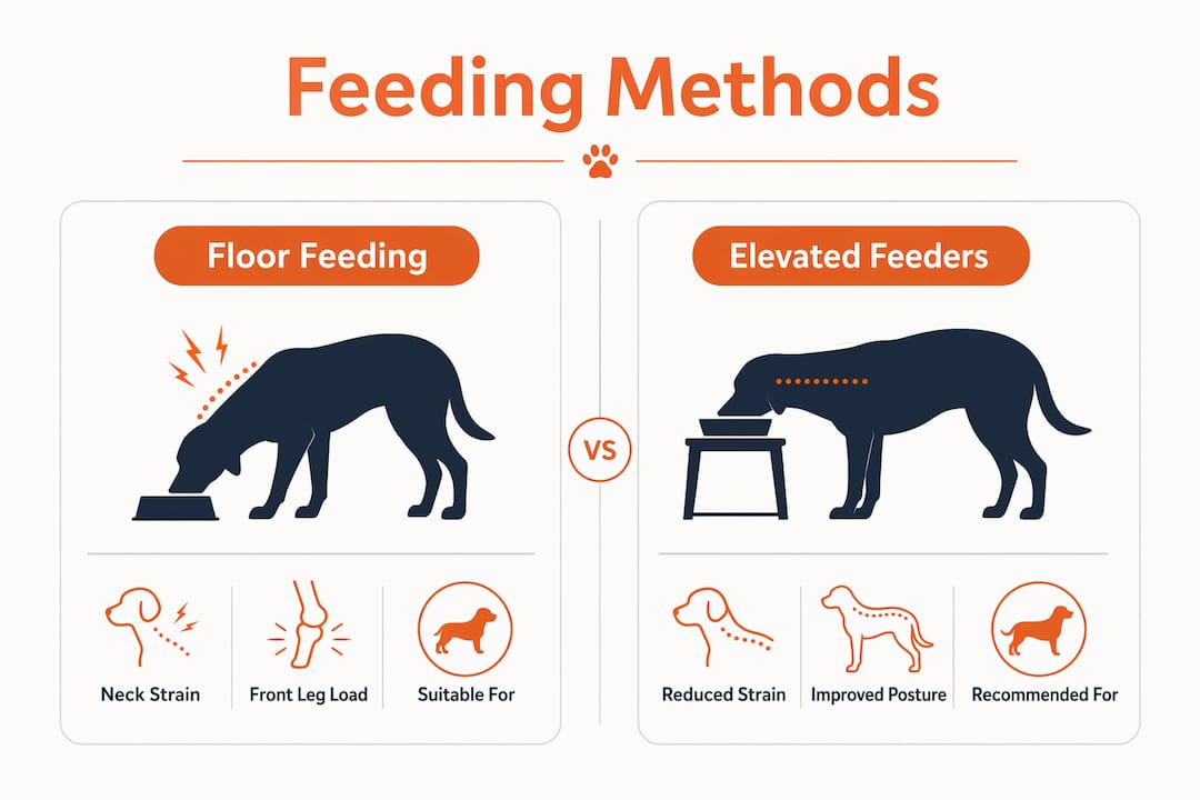 Infographic comparing floor feeding vs elevated feeders