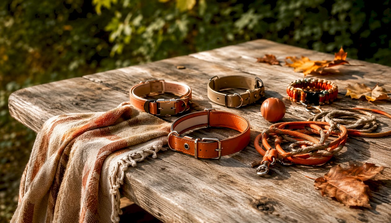 Warm-toned pet accessories in minimalist style