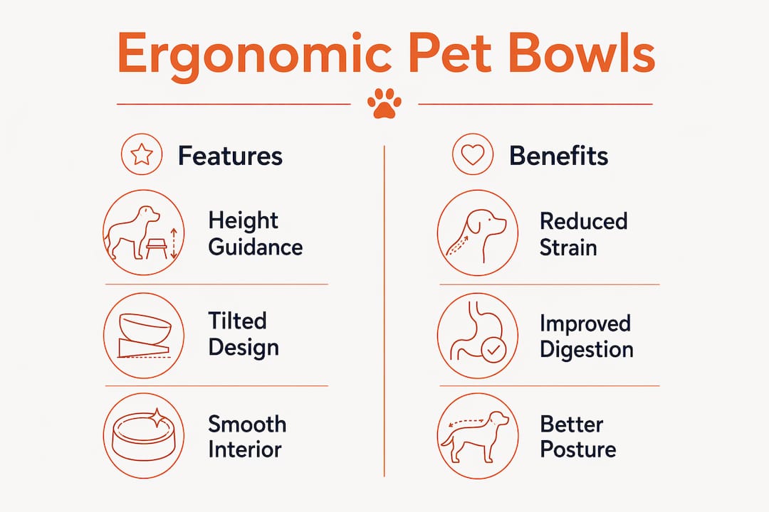 Infographic comparing ergonomic pet bowl features and benefits