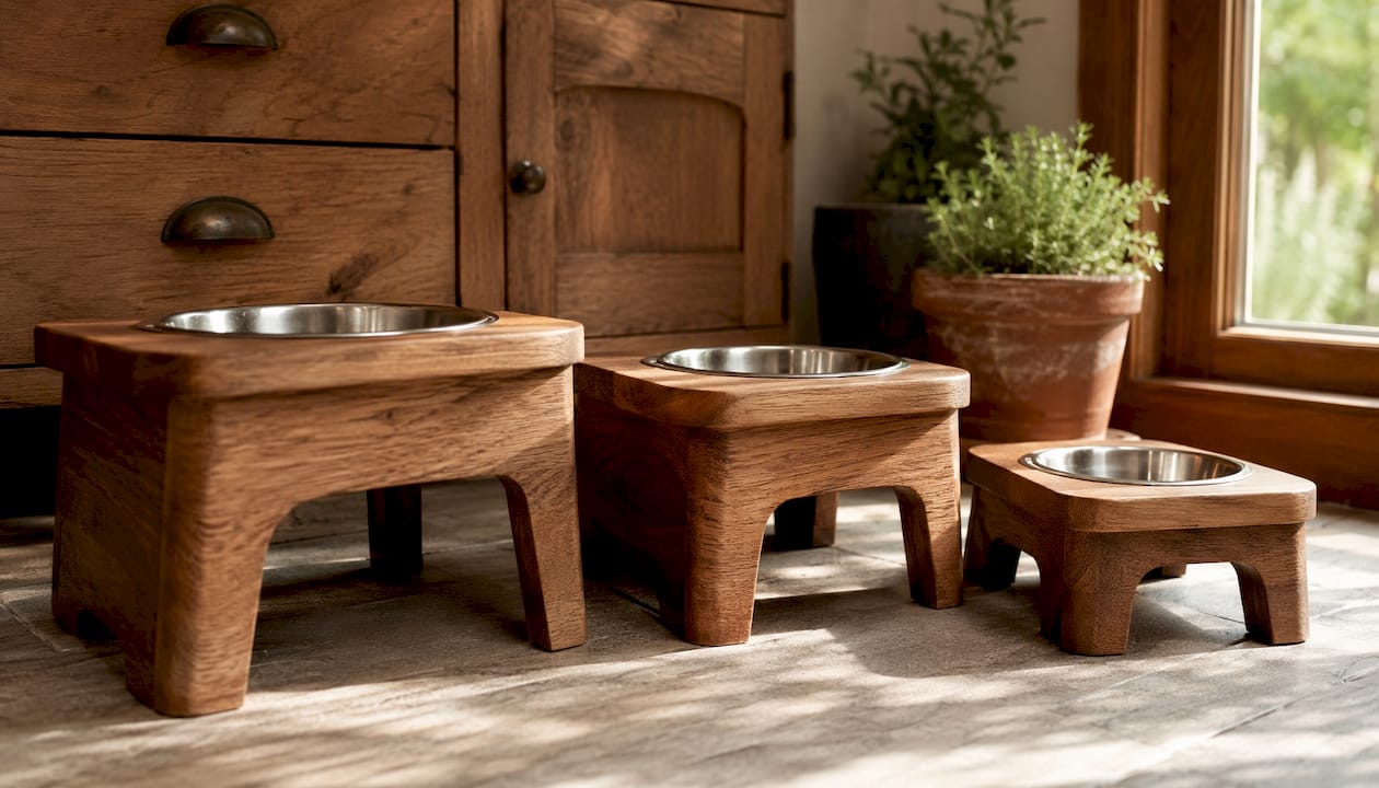 Three wooden feeding stations in different heights