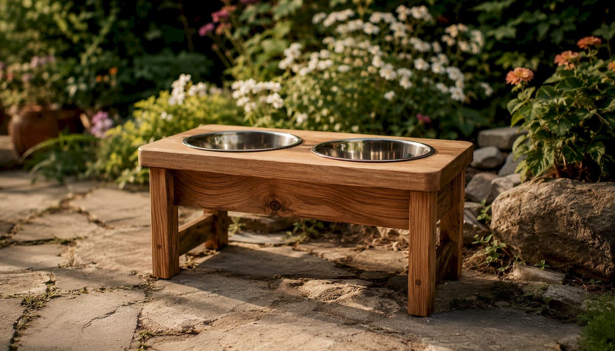 Elevated wooden dog feeder detail
