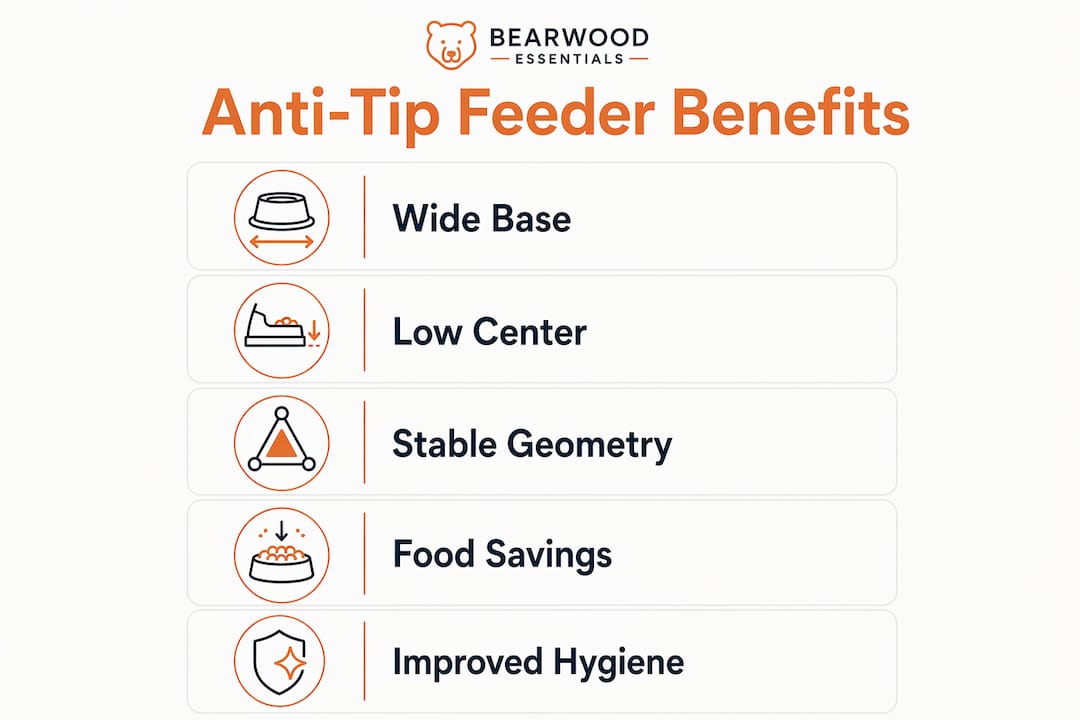 Infographic illustrating anti-tip feeder design benefits