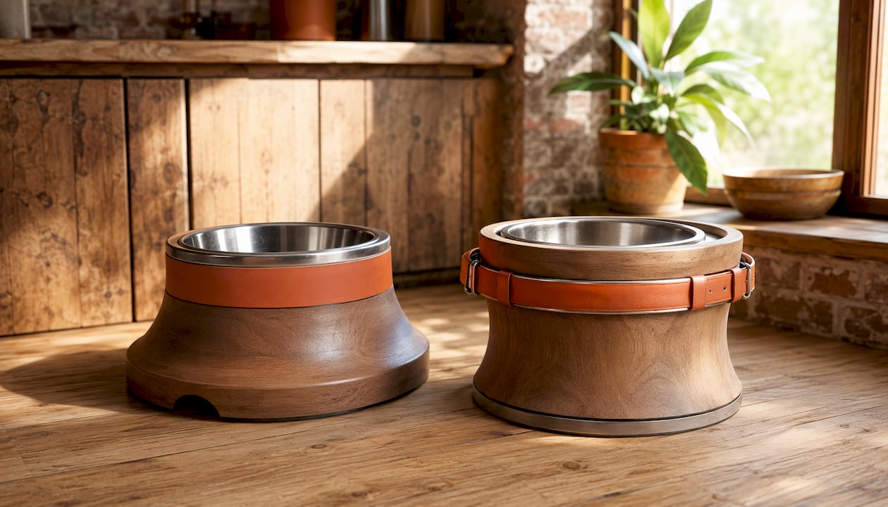 Illustration of weighted base and recessed bowl dog feeders