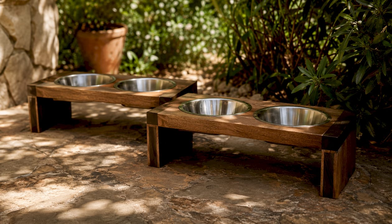 Stylish elevated dog feeders with recessed bowls