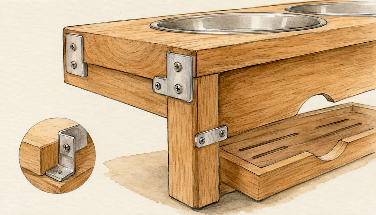 Close-up of wooden feeder joinery with metal hardware