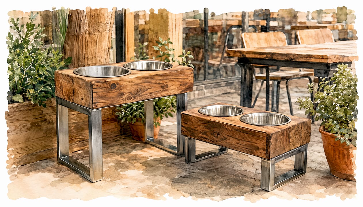 Line art of heavy-duty wooden dog feeder with steel support