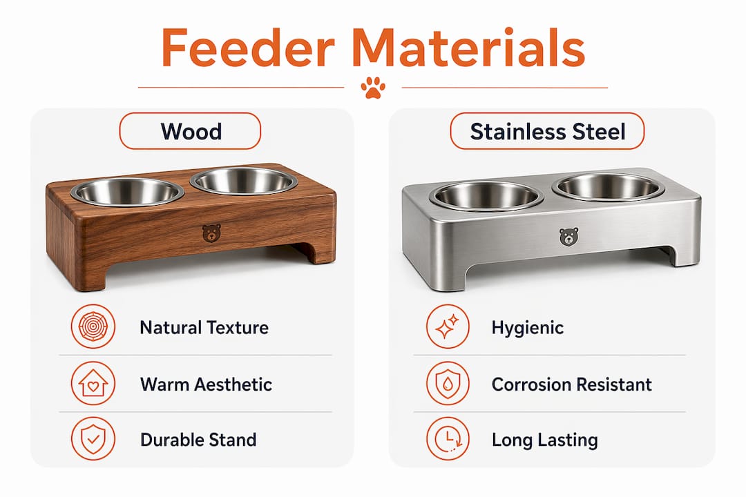 Infographic comparing wood and stainless steel dog feeders