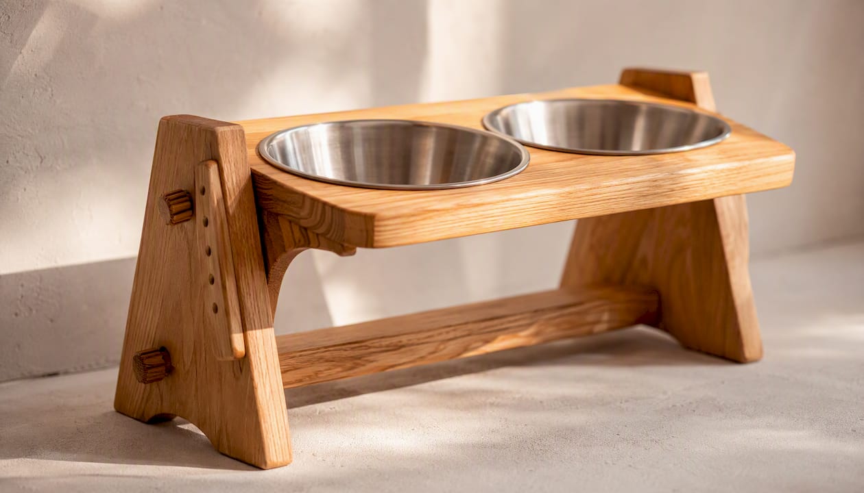 Adjustable wooden pet feeder frame with bowls