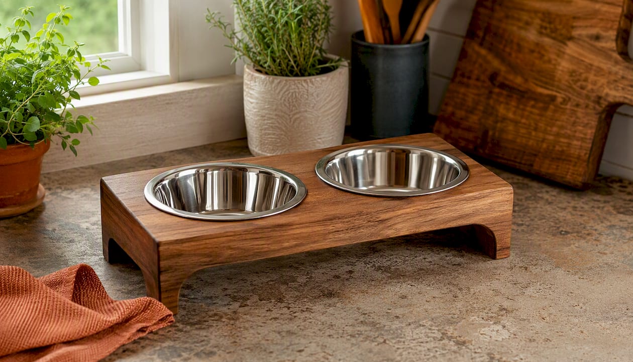 Removable stainless steel bowls beside wooden feeder