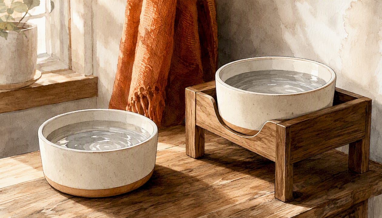Minimalist dog water bowls, floor and elevated
