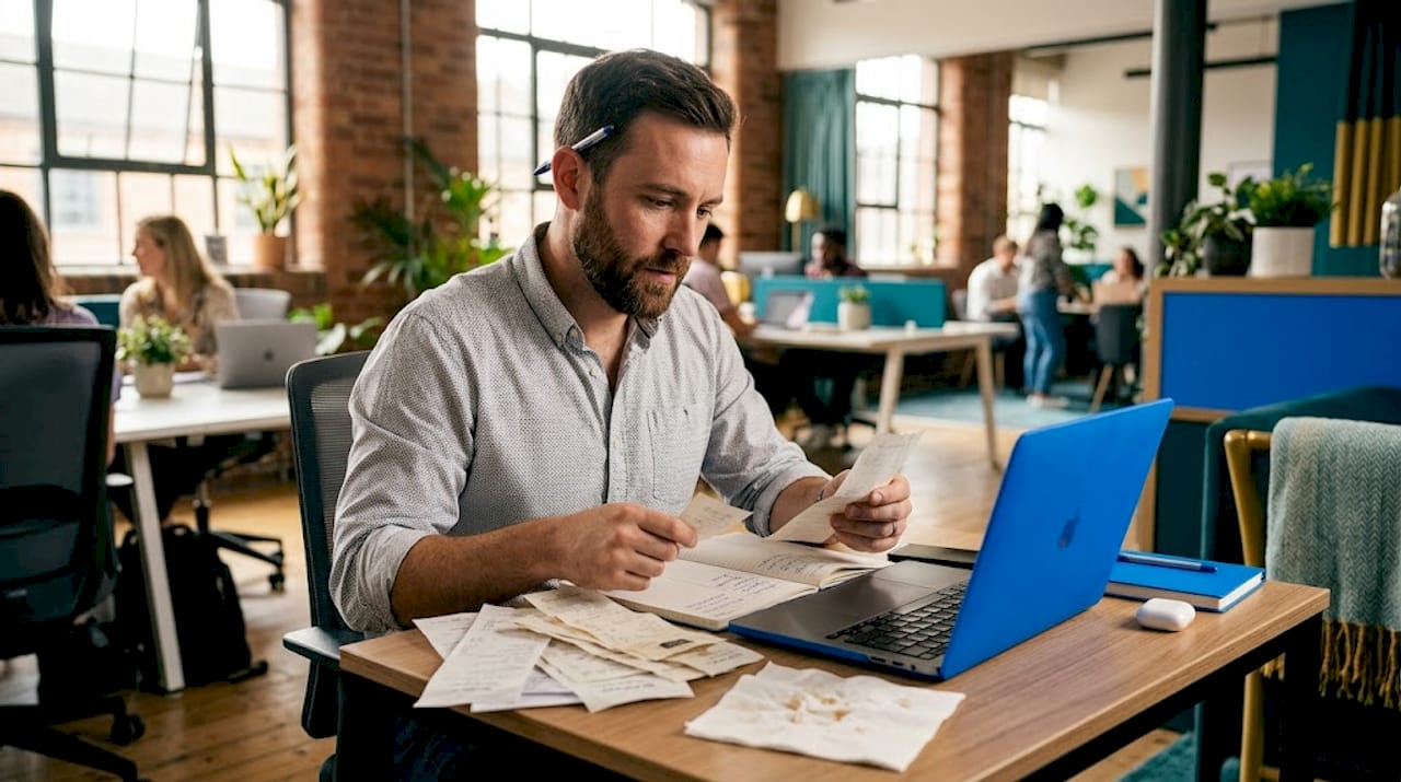 Man sorting business receipts at small desk