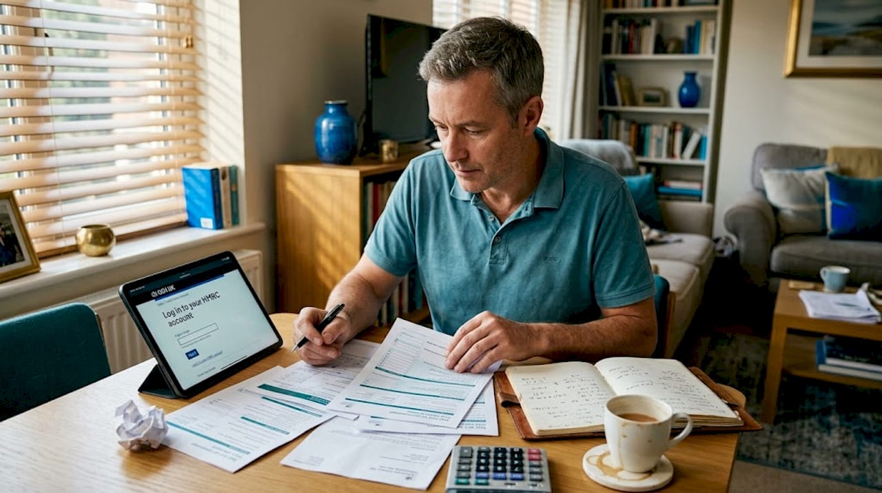 Self-employed man sorting tax paperwork