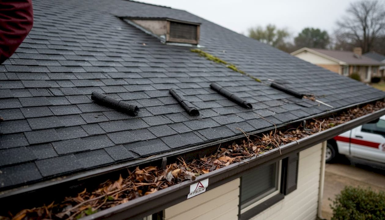 Damaged roof showing curled missing shingles