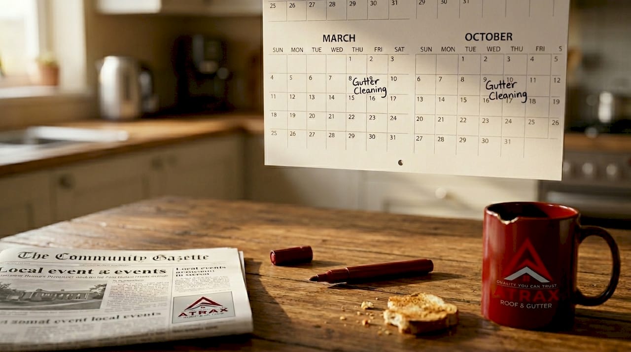 Kitchen calendar marked with gutter cleaning dates