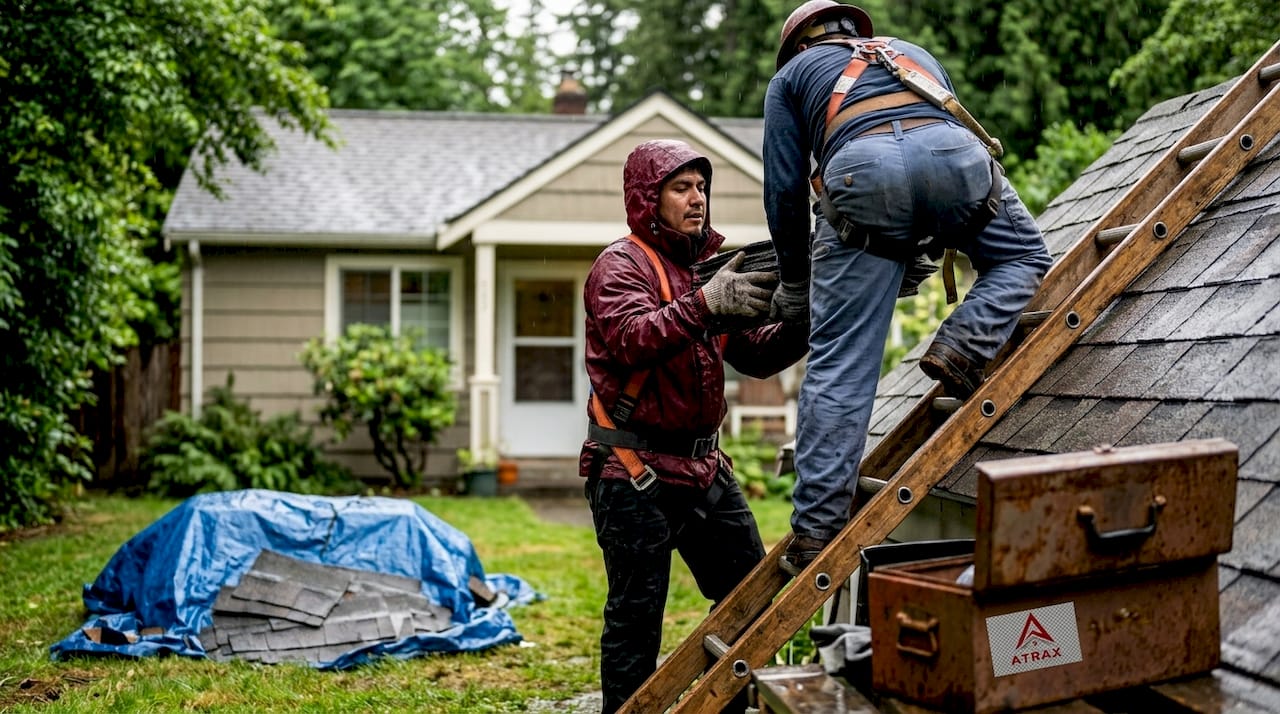 Roofers carrying shingles up ladder in rain