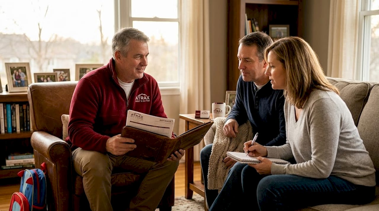 Contractor explaining roofing estimates to family in living room