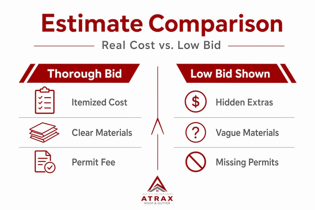 Infographic comparing thorough and low roofing bid features