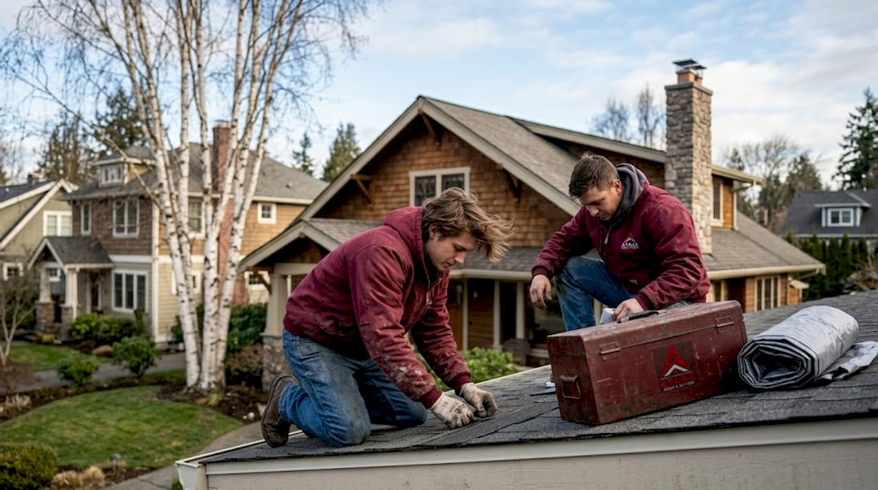 Roofers installing shingles in Seattle suburb