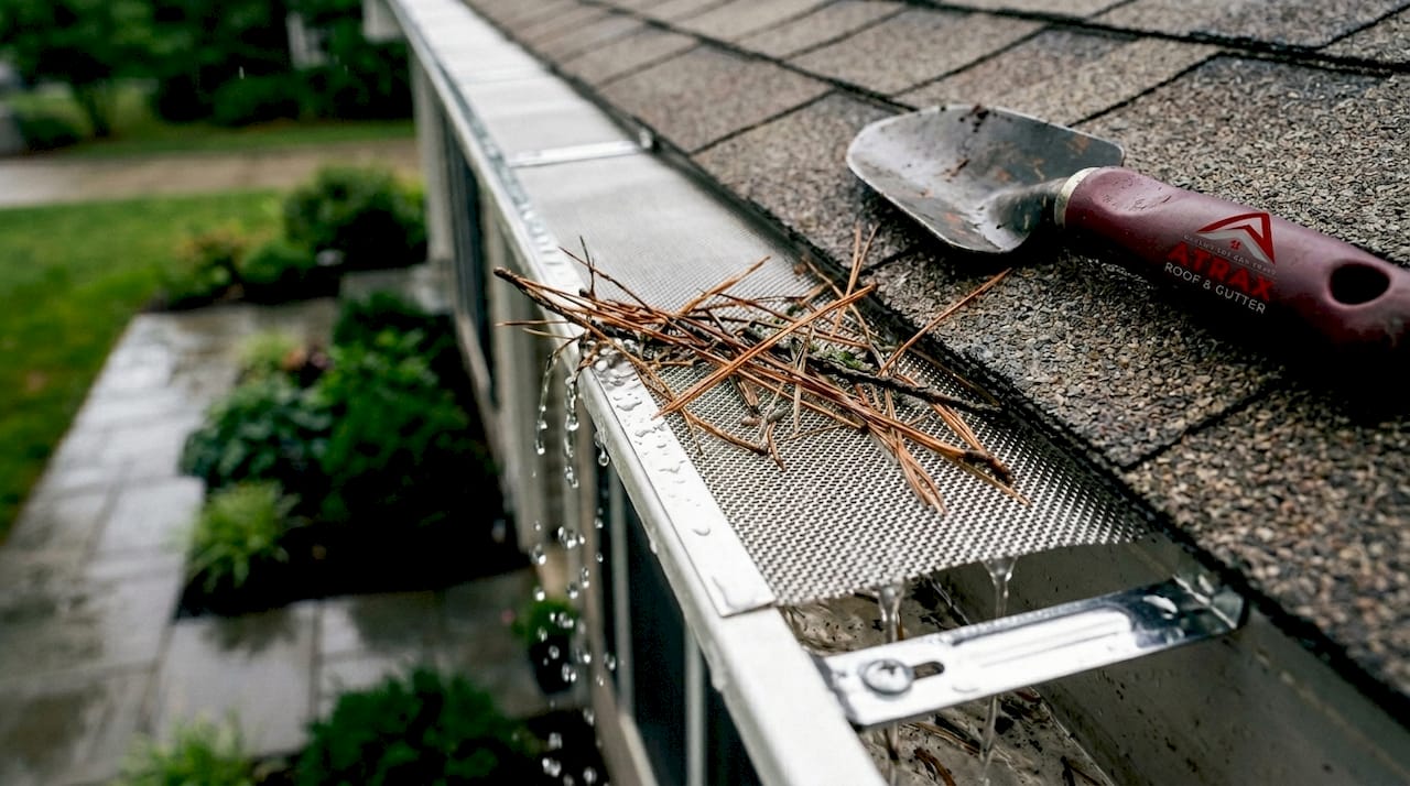 Mesh gutter guard with debris and flowing water