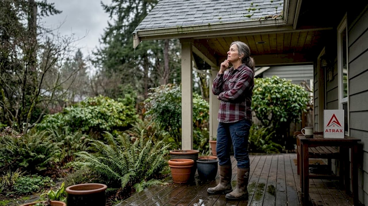 Rain-soaked roof with moss in Washington backyard