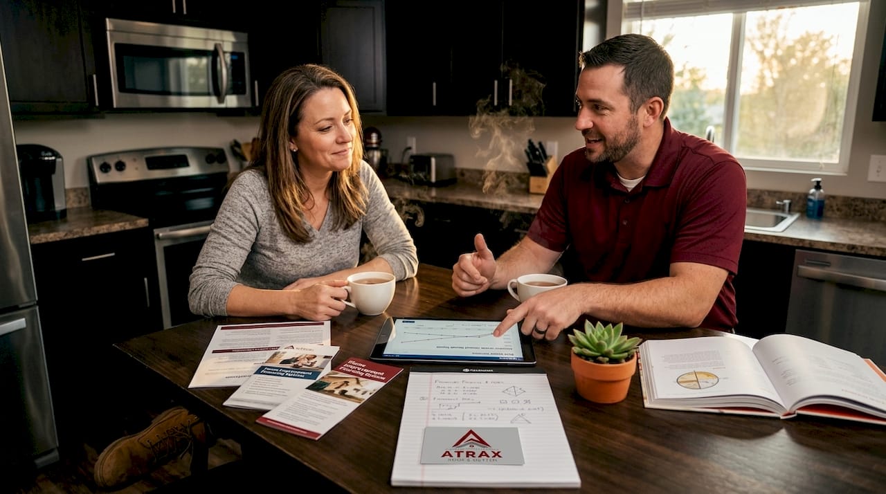 Homeowner and contractor review roofing financing