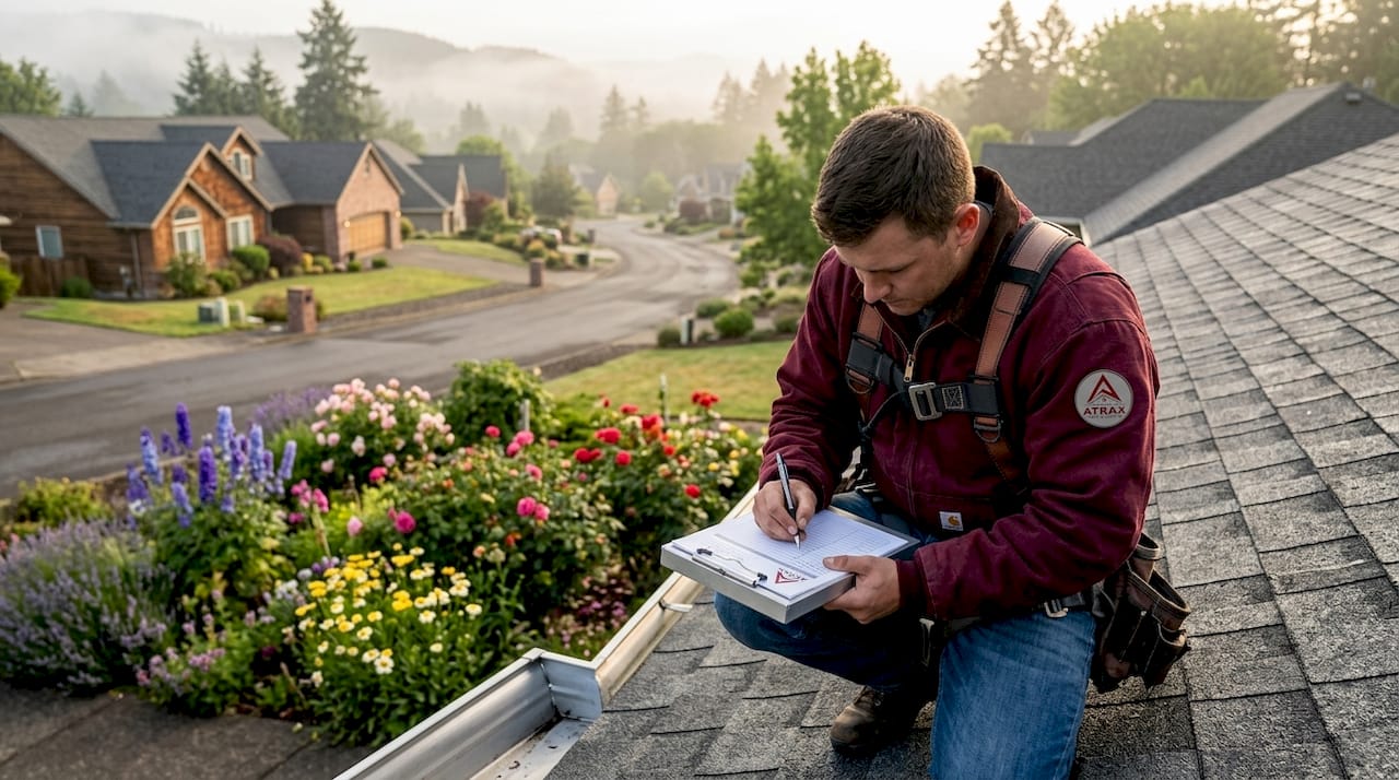 Roofer inspecting a suburban home's mossy roof