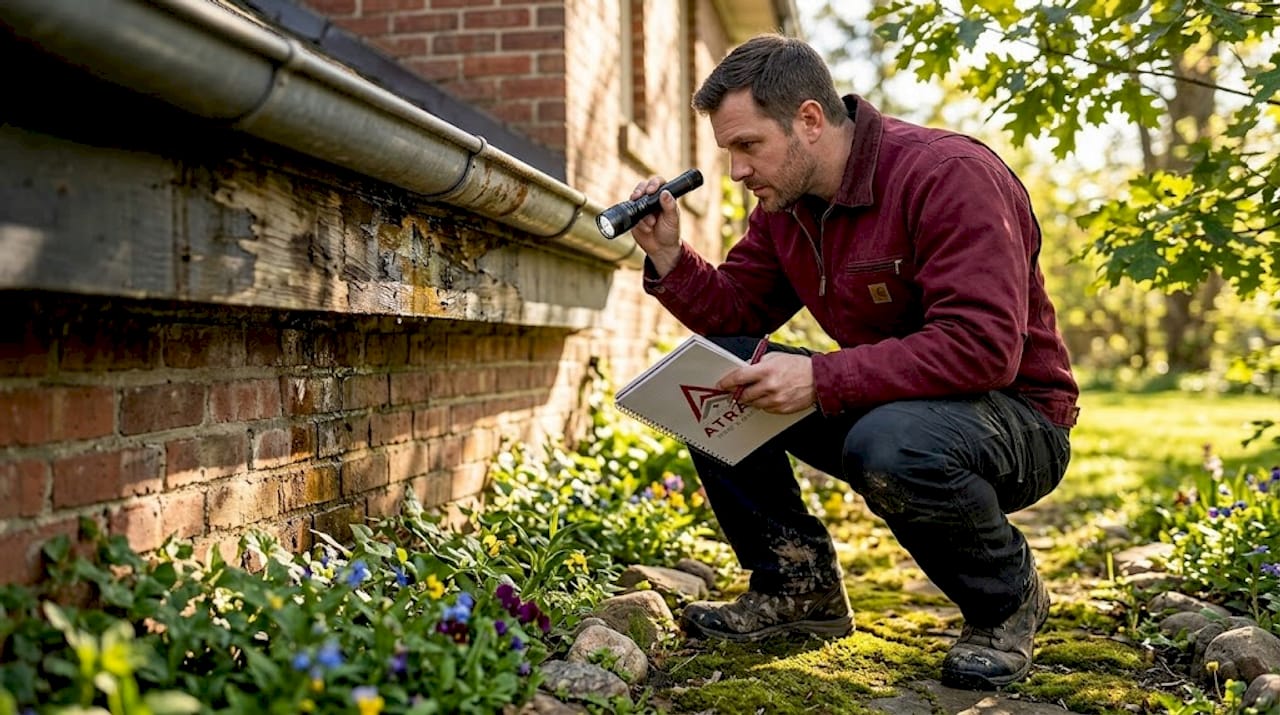 Inspector examining water-damaged fascia boards