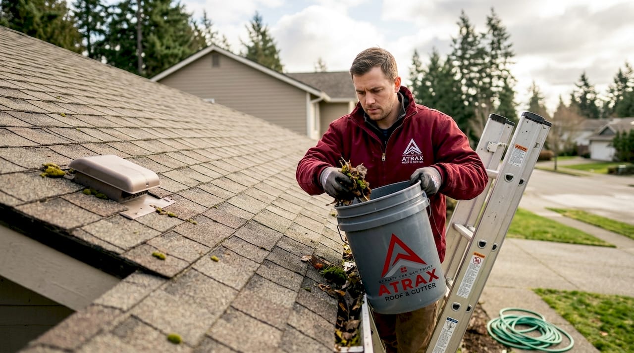Roofer cleaning gutters with moss and leaves