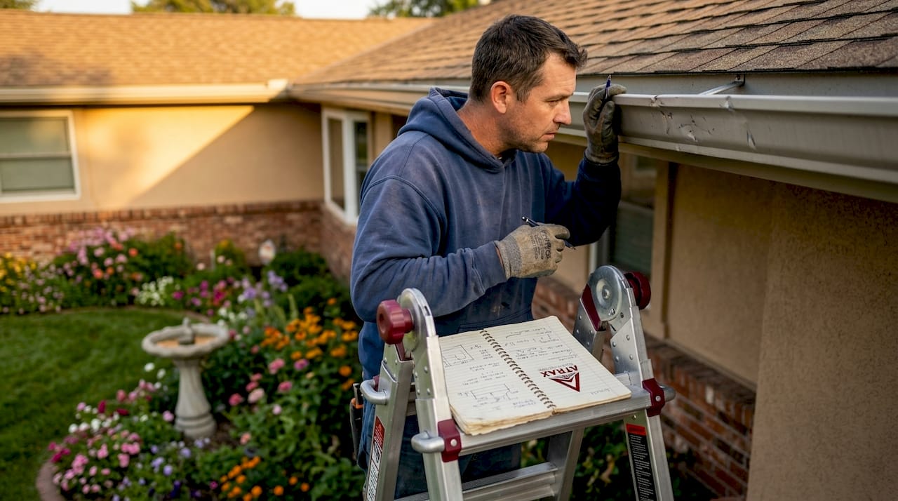 Contractor checks dented aluminum house gutter