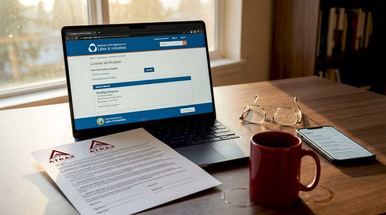 Laptop showing Washington roofing license verification page